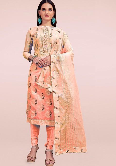 Peach Floral Print Poly Blend Kurta Set