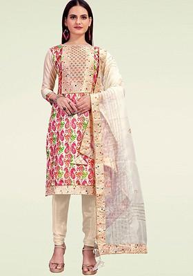 Beige Printed Poly Blend Kurta Set