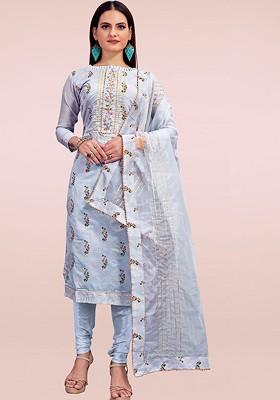 Grey Floral Print Poly Blend Kurta Set