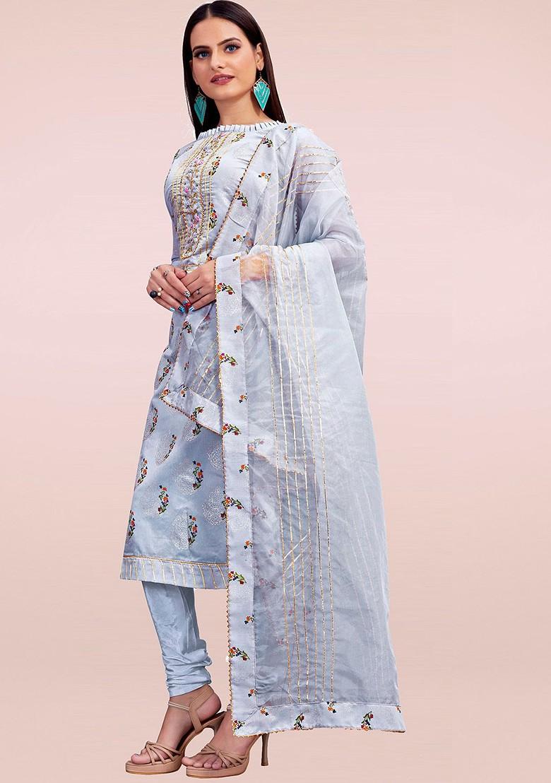 Grey Floral Print Poly Blend Kurta Set - Indya