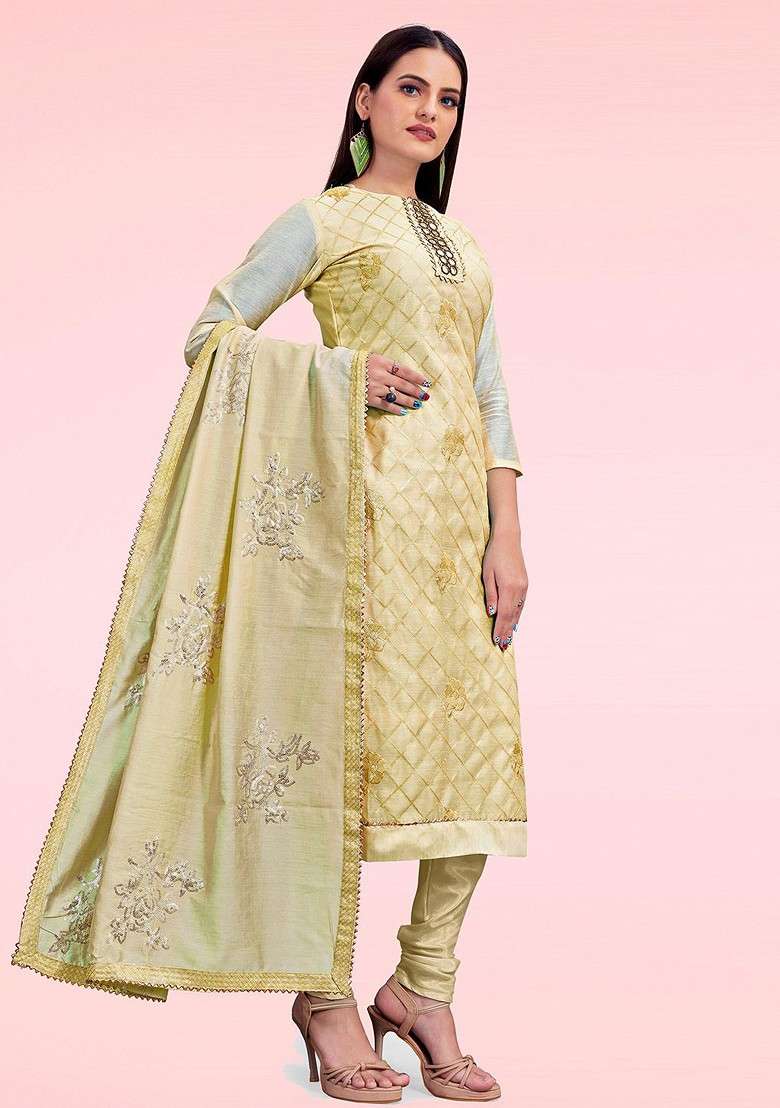 Beige Jacquard Blended Straight Kurta Set - Indya