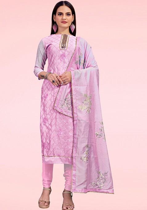 Pink Embellished Poly Blend Kurta Set