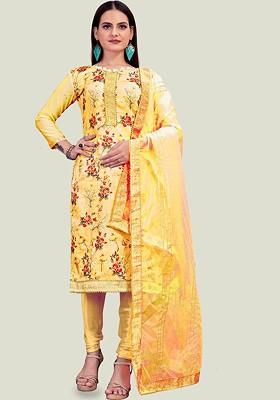 Yellow Floral Print Chanderi Kurta Set