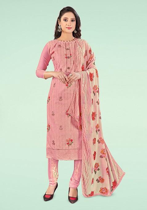 Pink Embroidered Poly Blend Kurta Set