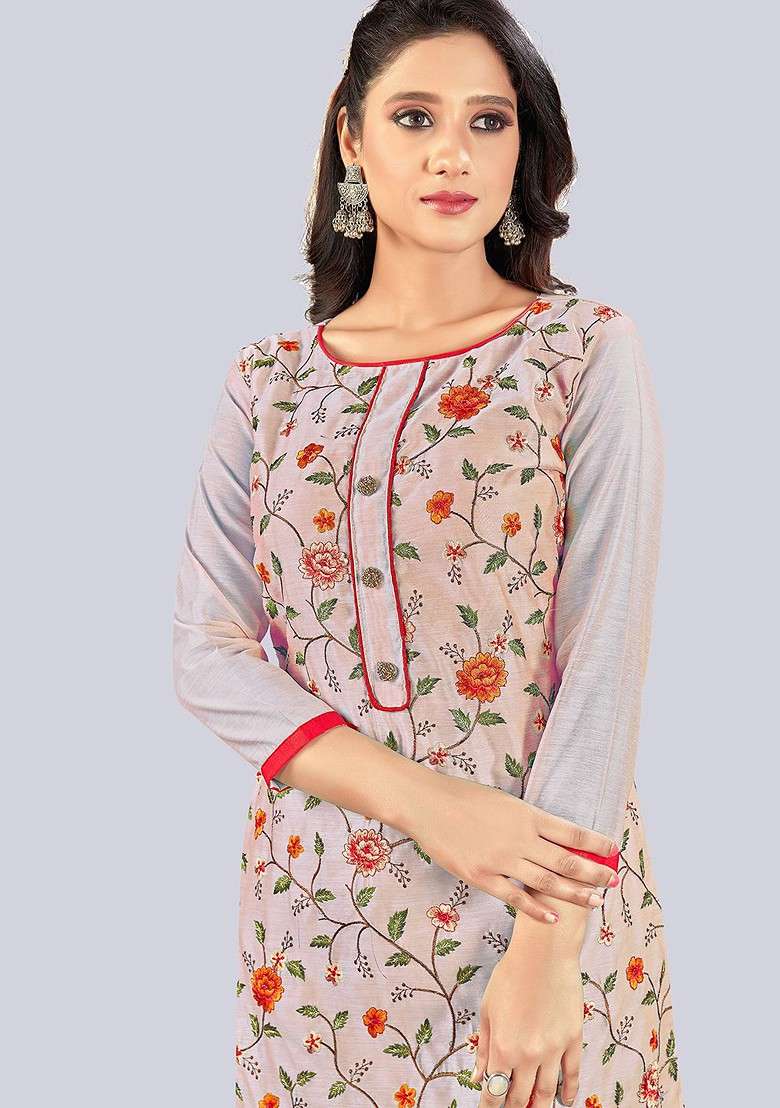 Peach Embroidered Poly Blend Kurta Set - Indya