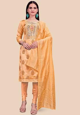 Peach Embellished Poly Blend Kurta Set