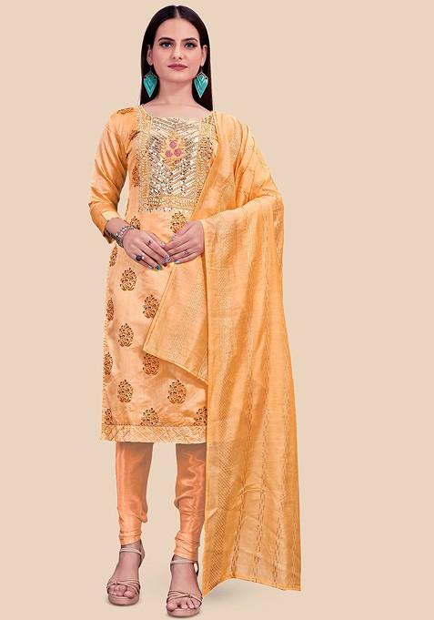 Peach Embellished Poly Blend Kurta Set