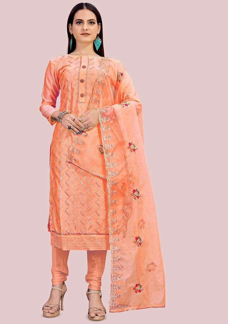Peach Chikankari Cotton Straight Kurta Set - Indya