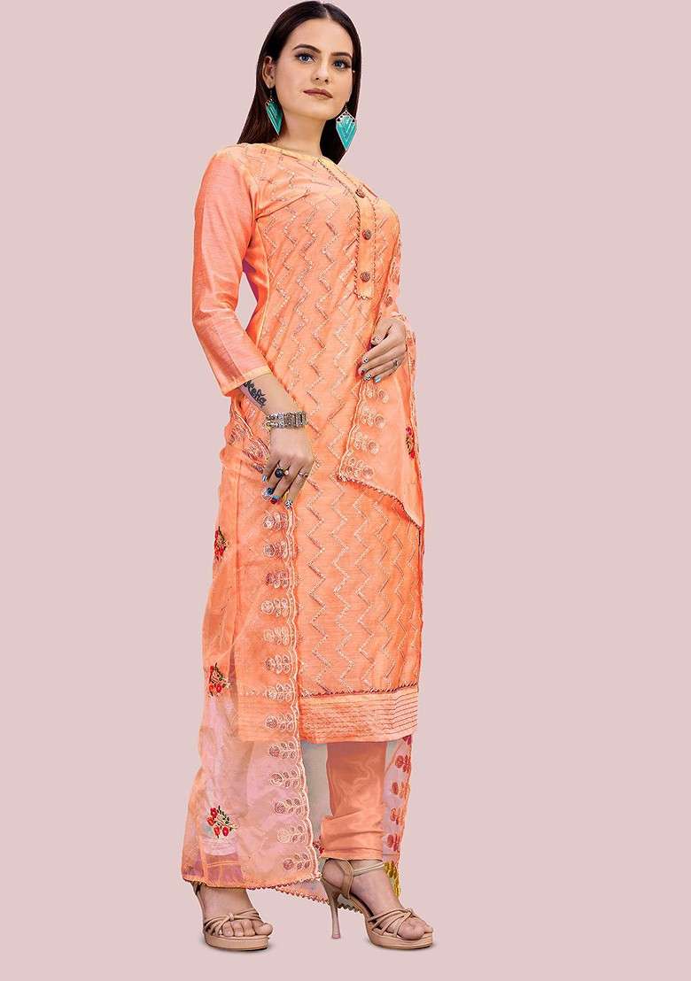 Peach Chikankari Cotton Straight Kurta Set - Indya