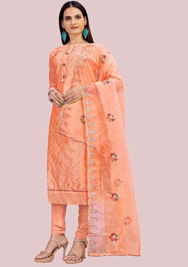 Peach Chikankari Cotton Straight Kurta Set - Indya