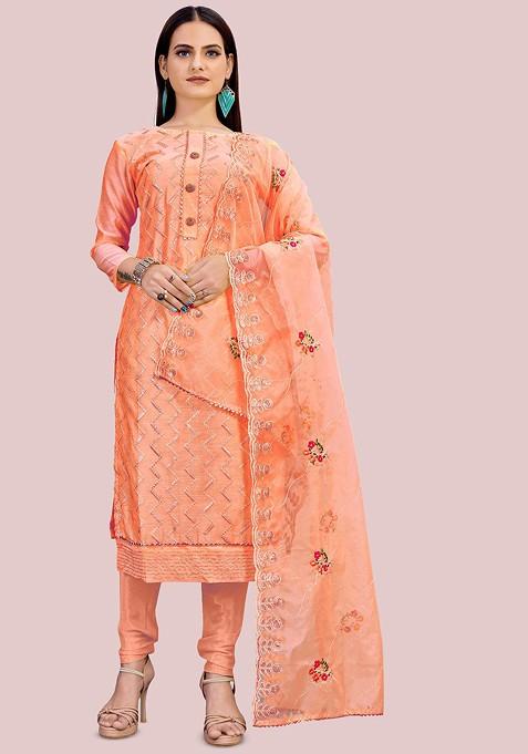 Peach Embellished Cotton Kurta Set