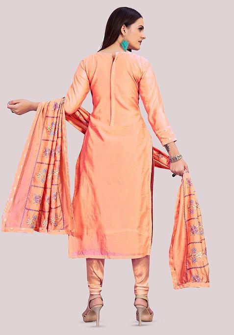 Peach Solid Banarasi Jacquard Kurta Set