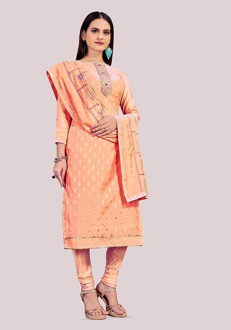 Peach Solid Banarasi Jacquard Kurta Set