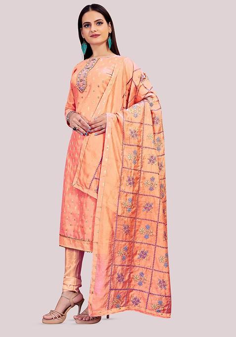 Peach Solid Banarasi Jacquard Kurta Set