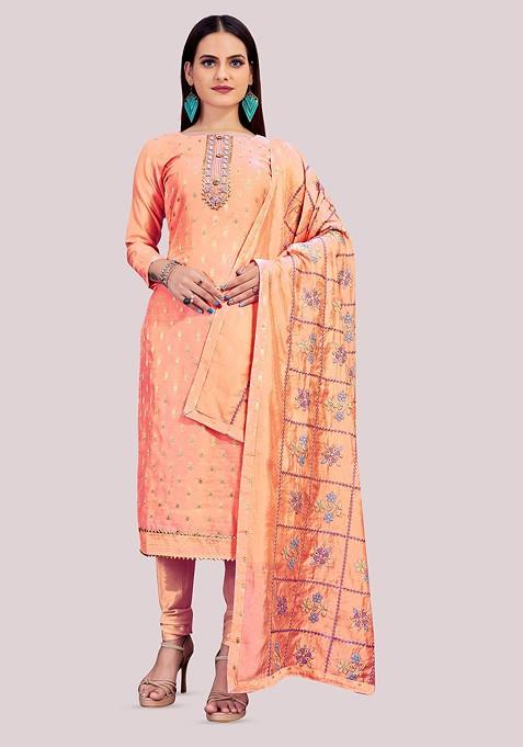 Peach Solid Banarasi Jacquard Kurta Set