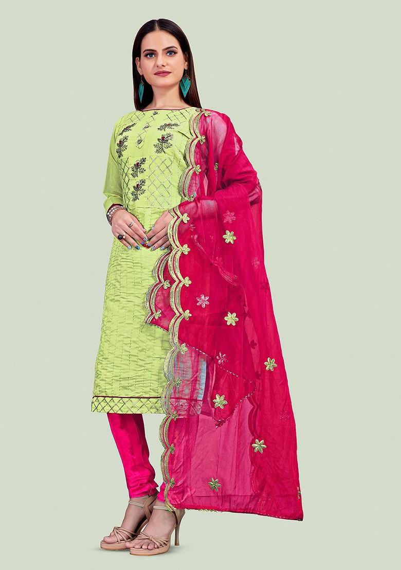 Green Embroidered Cotton Kurta Set - Indya