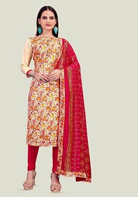 Beige Printed Poly Blend Kurta Set