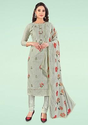 Grey Floral Print Poly Blend Kurta Set