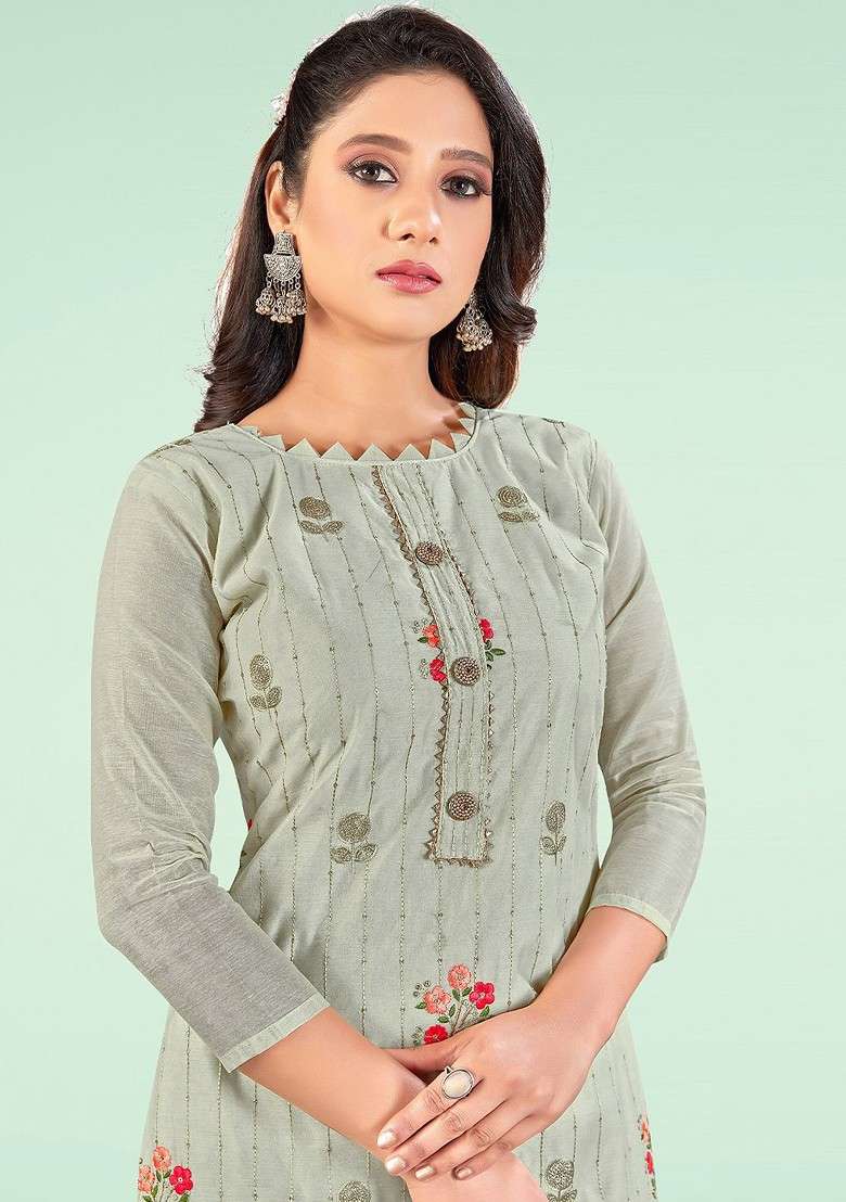 Grey Floral Print Poly Blend Kurta Set - Indya