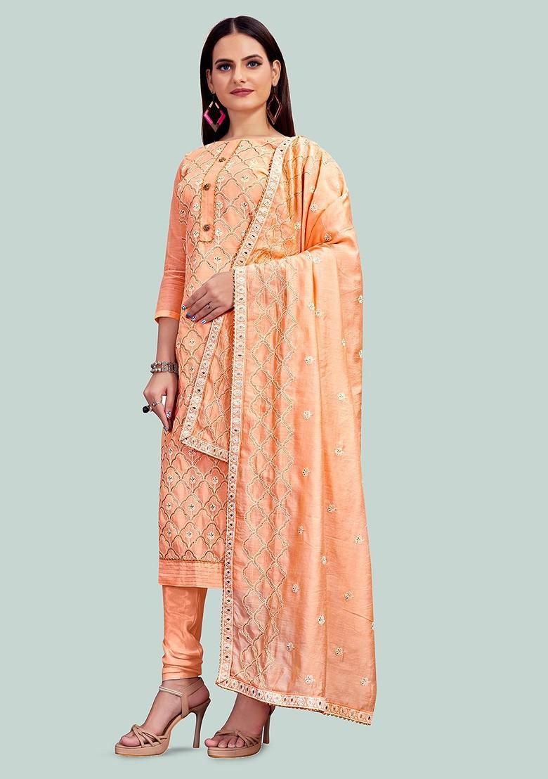 Peach Embroidered Cotton Kurta Set - Indya