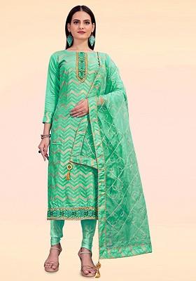 Sea Green Woven Poly Blend Kurta Set