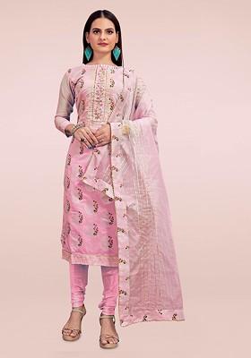 Pink Floral Print Poly Blend Kurta Set