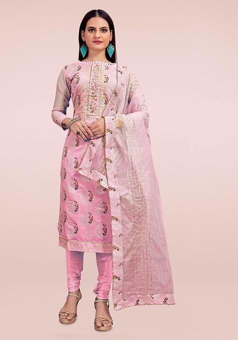 Pink Floral Print Poly Blend Kurta Set