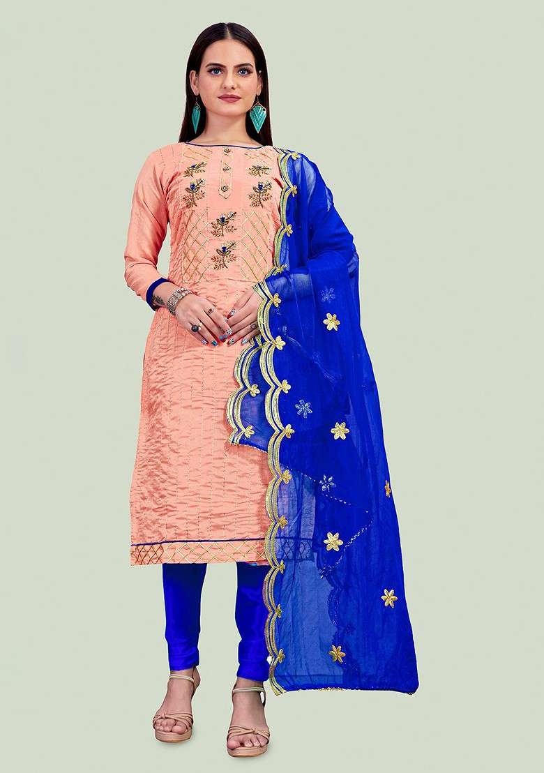 Peach Embroidered Cotton Pakistani Suit Set - Indya