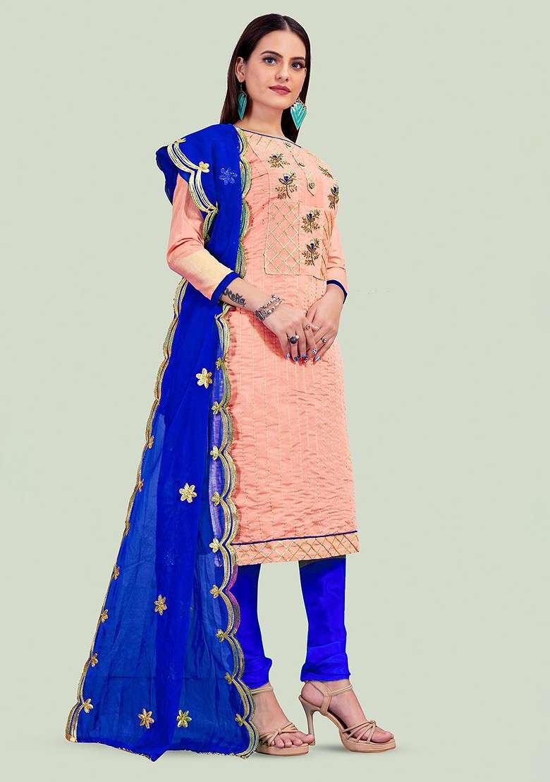 Peach Embroidered Cotton Pakistani Suit Set - Indya