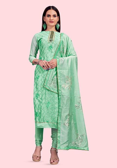 Sea Green Embellished Poly Blend Kurta Set