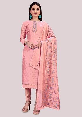 Pink Woven Banarasi Jacquard Kurta Set