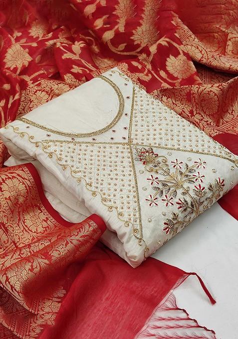 White Embellished Chanderi Kurta Set