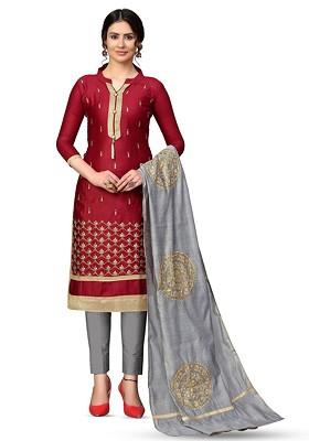 Maroon Woven Poly Blend Kurta Set