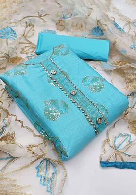 Blue Floral Print Poly Blend Kurta Set