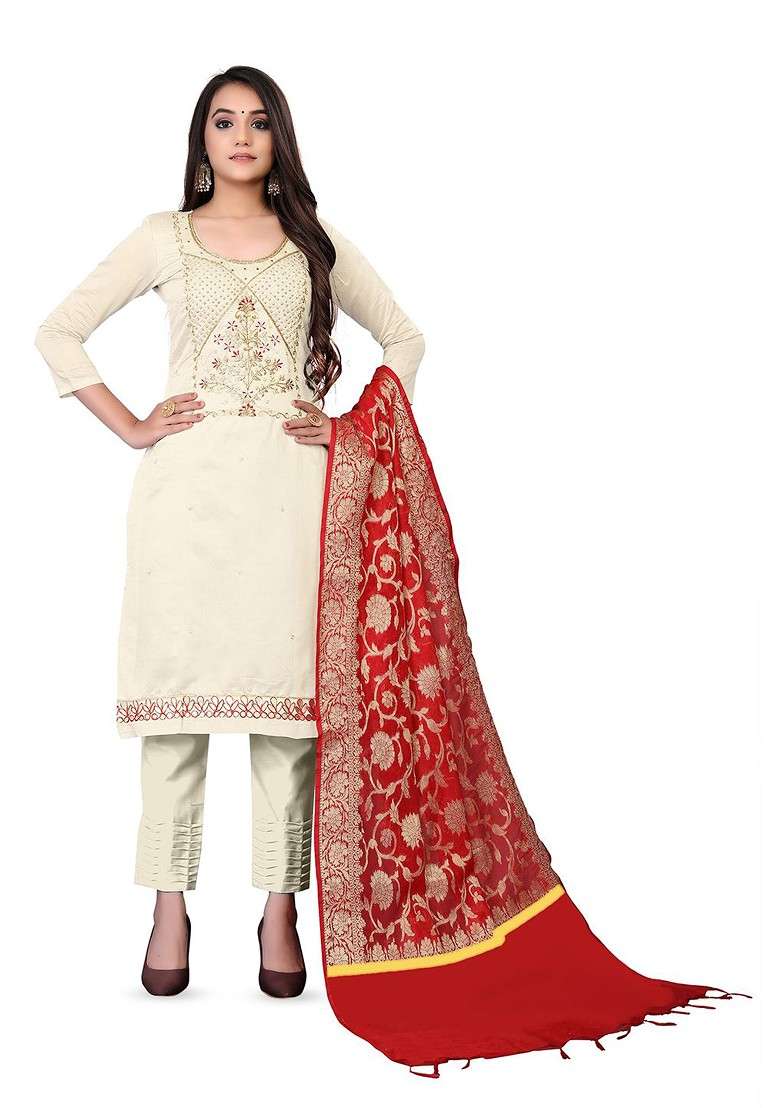 White Embroidered Blended Straight Kurta Set - Indya