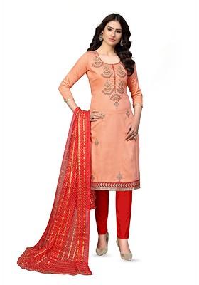 Peach Embroidered Poly Blend Kurta Set