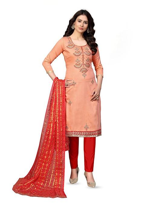 Peach Embroidered Poly Blend Kurta Set