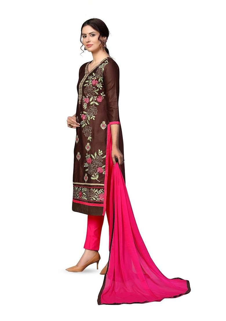 Brown Embroidered Blended Pakistani Suit Set - Indya