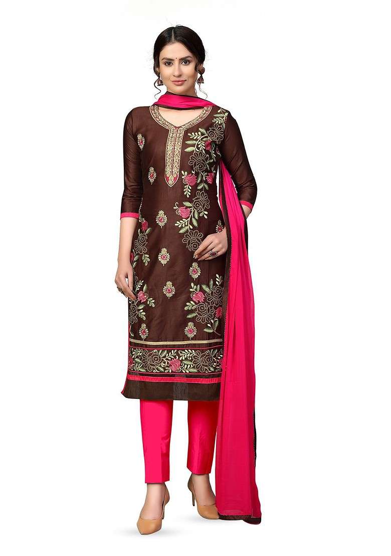 Brown Embroidered Blended Pakistani Suit Set - Indya