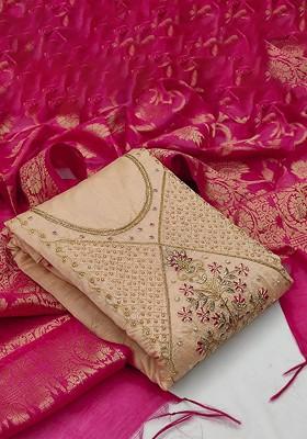 Beige Embellished Poly Blend Kurta Set