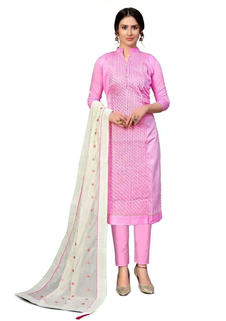 Pink Embroidered Blended Pakistani Suit Set - Indya