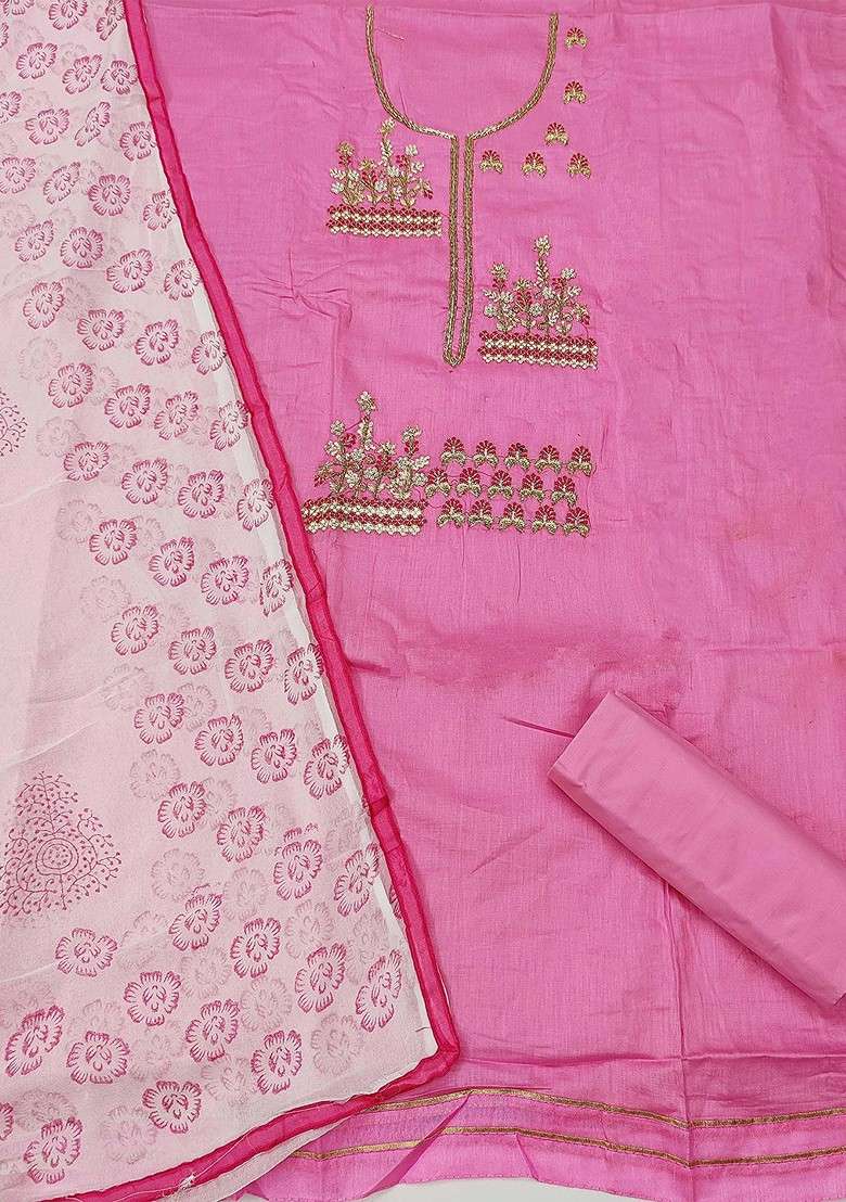 Pink Embroidered Blended Straight Kurta Set - Indya