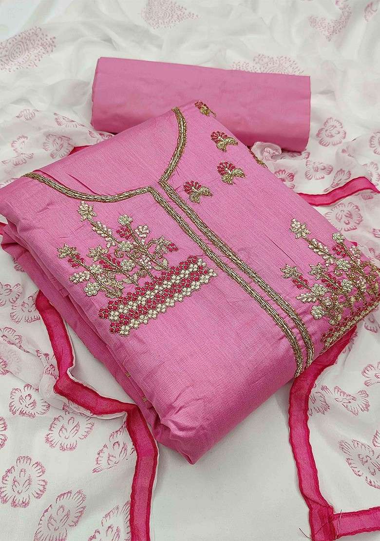 Pink Embroidered Blended Straight Kurta Set - Indya
