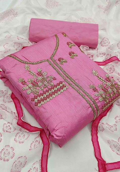 Pink Embroidered Poly Blend Kurta Set