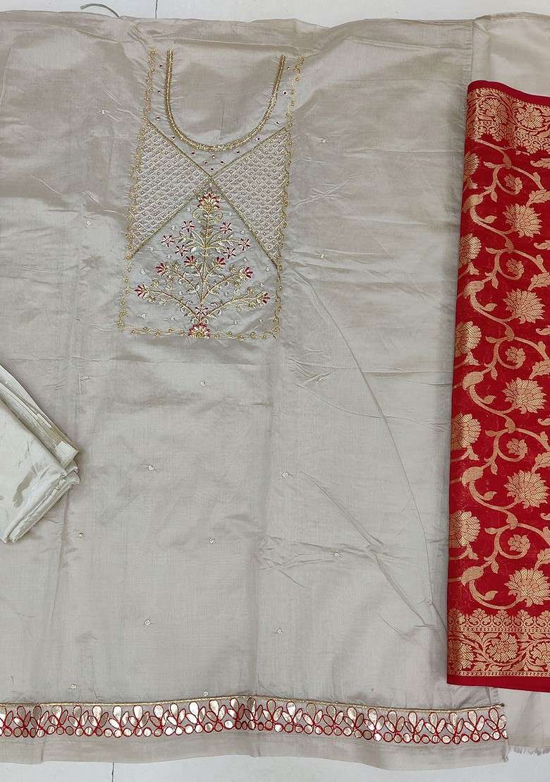 Grey Embroidered Blended Straight Kurta Set - Indya