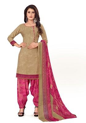 Beige Printed Silk Crepe Kurta Set