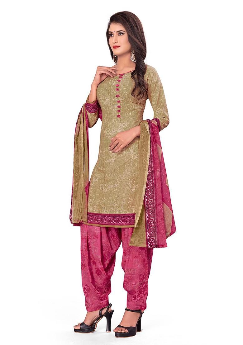 Beige Printed Silk Crepe Kurta Set - Indya