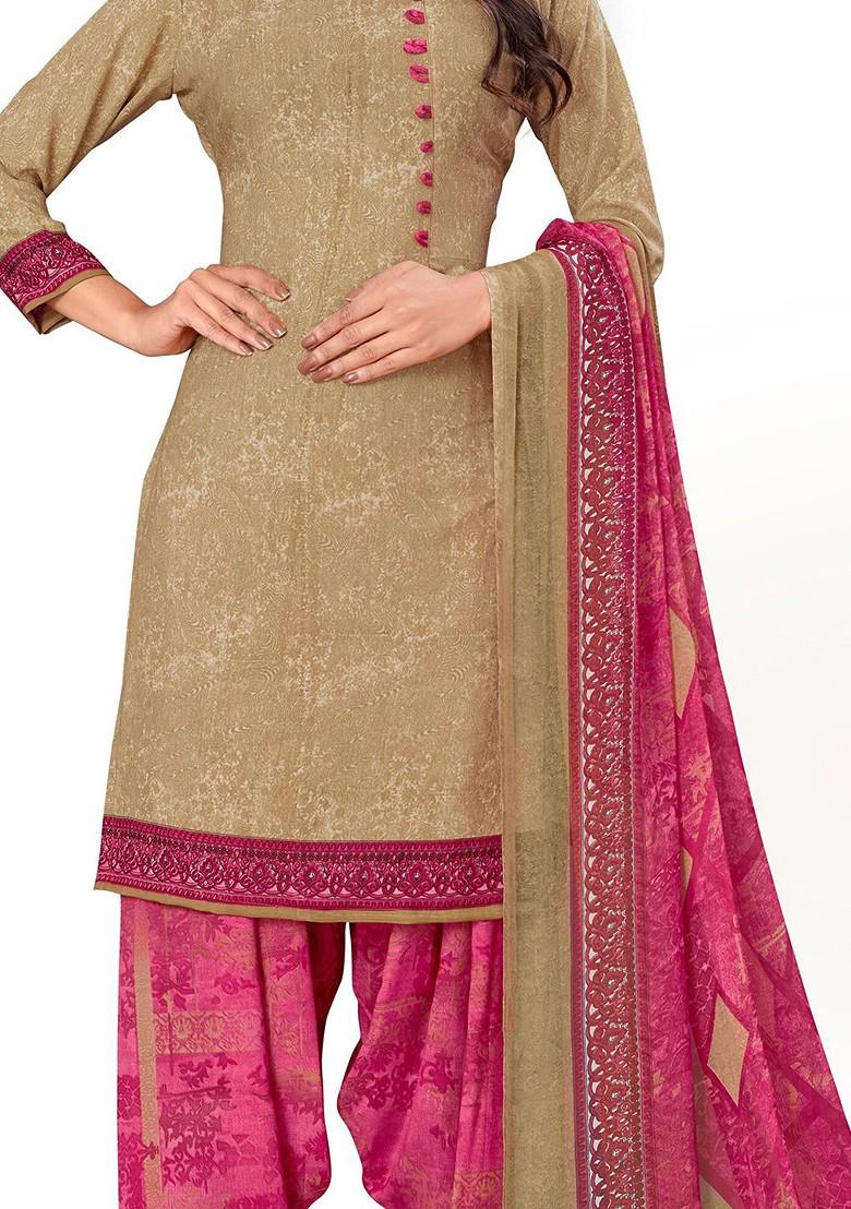 Beige Printed Silk Crepe Kurta Set - Indya