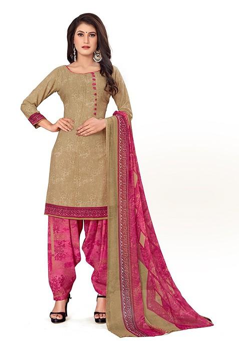 Beige Printed Silk Crepe Kurta Set