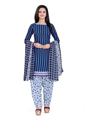 Navy Blue Printed Poly Blend Kurta Set